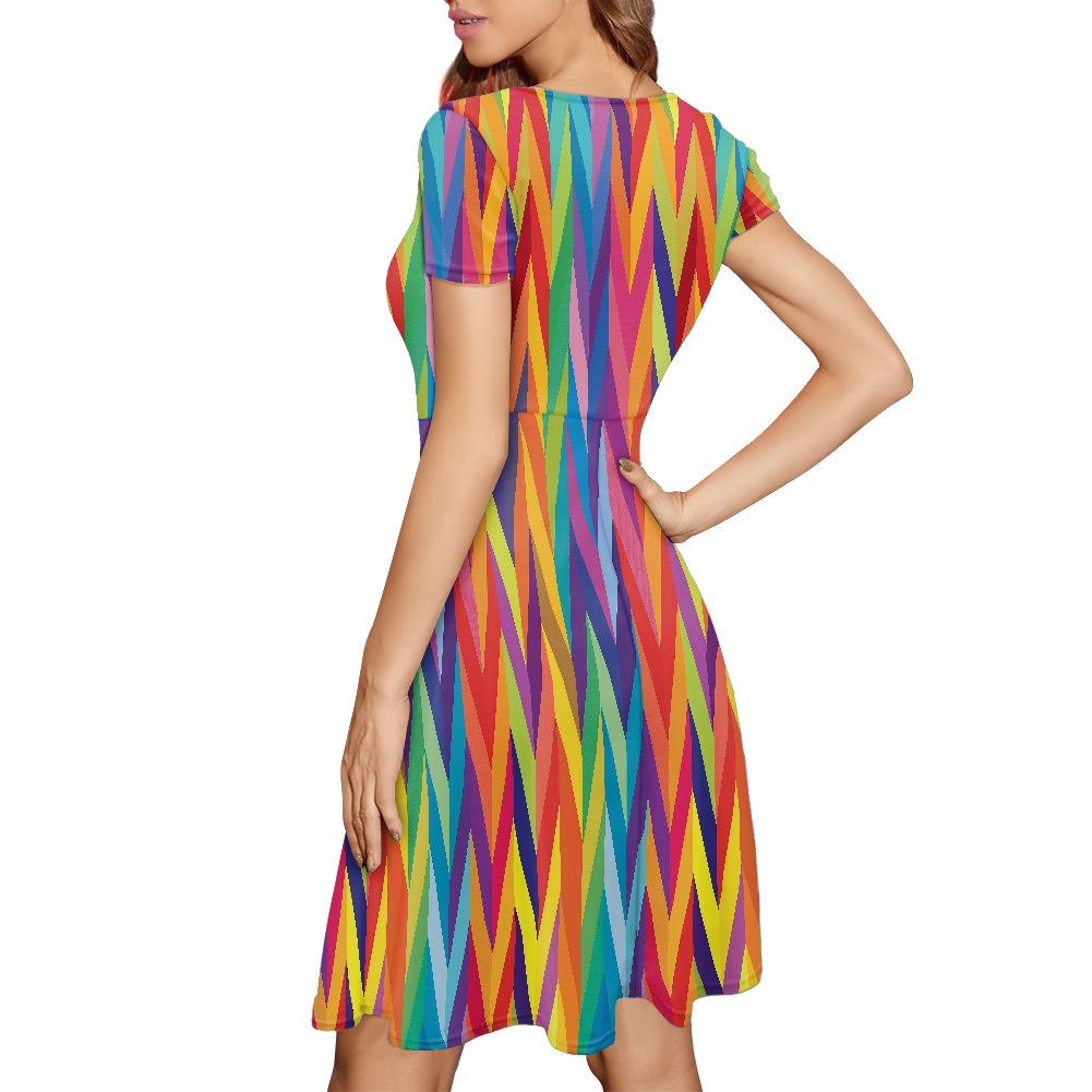 Chevron Rainbow LGBTQ Women Scoop Neck Short Sleeve Ruffle Dress