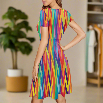 Chevron Rainbow LGBTQ Women Scoop Neck Short Sleeve Ruffle Dress