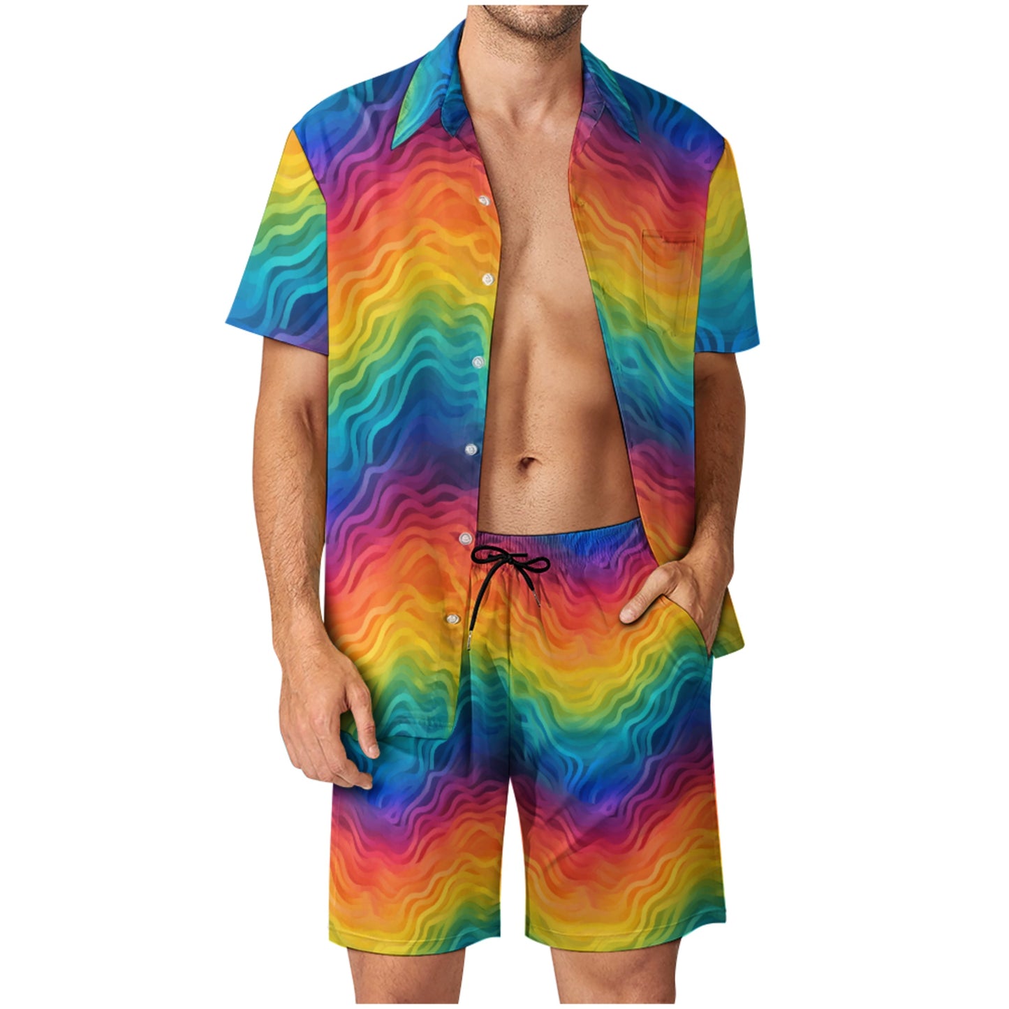 Wavy Rainbow Men's Retro V-Neck Peach Skin Suit - Lightweight, Comfortable, Quick-Drying, Perfect for Summer