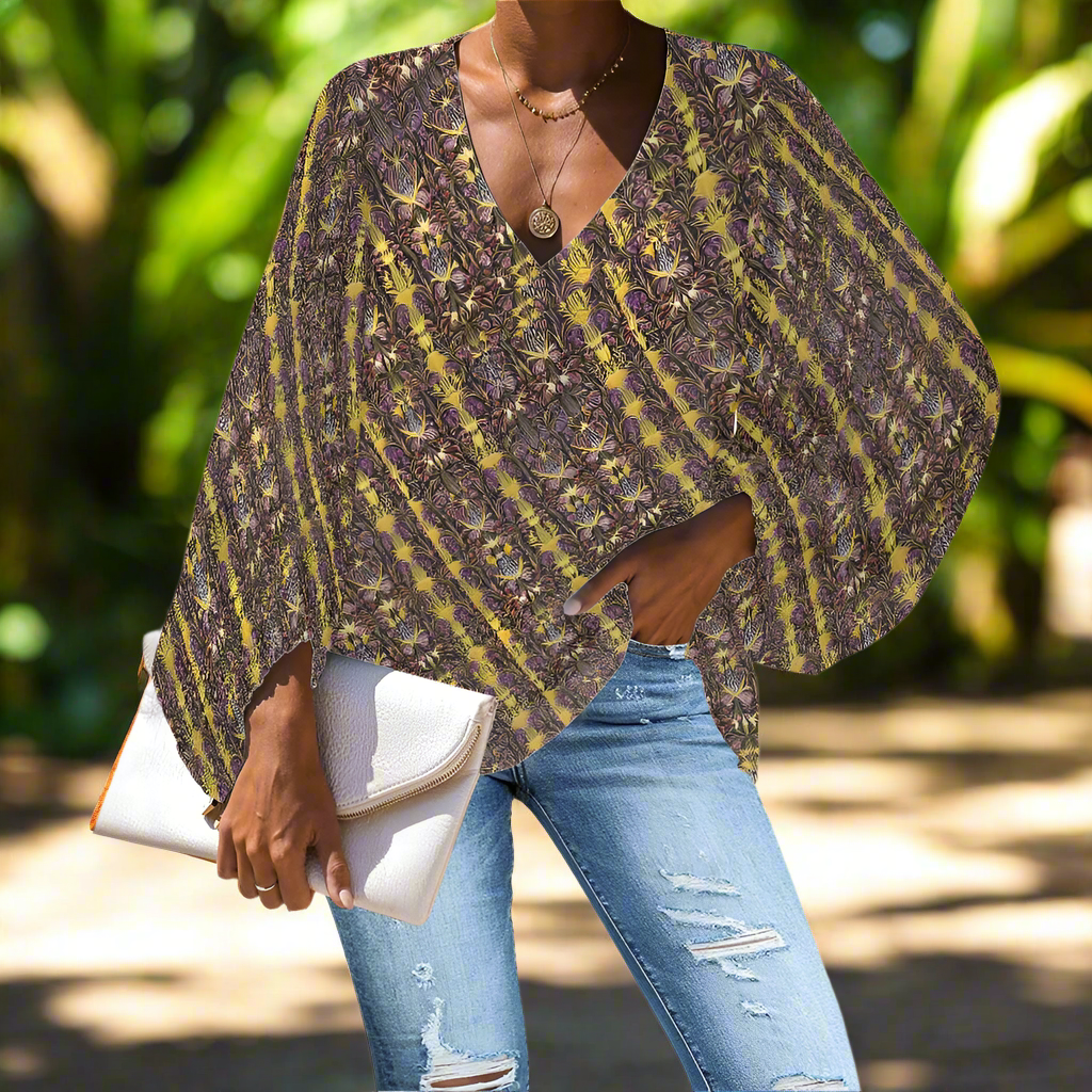 Art Nouveau Botanical Stripe V-Neck Chiffon Puff Sleeve Blouse by Luxtrini