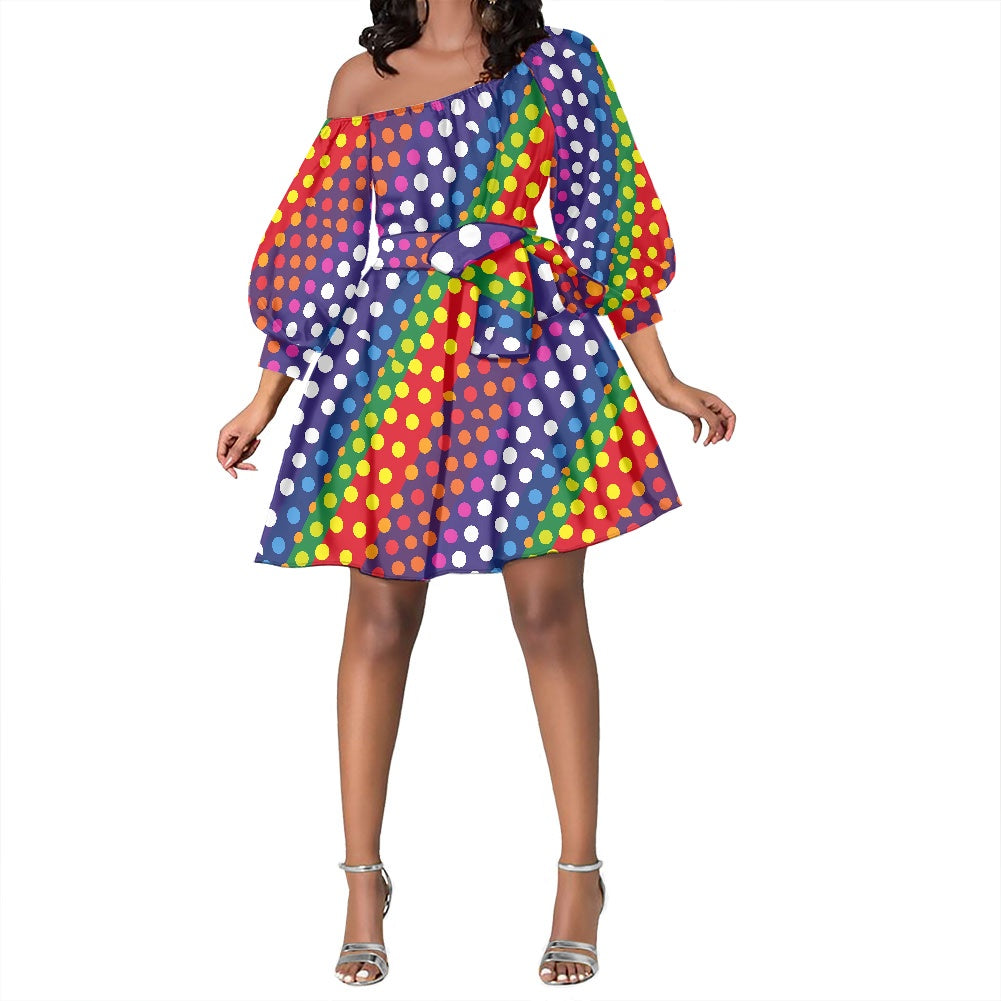 Elegant LGBTQ-Friendly Rainbow Polka Dot One-Shoulder Dress with Puff Sleeves and Waist-Cinching Tie by Luxtrini