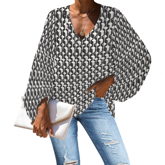 V-Neck Chiffon Puff Sleeve Blouse by Luxtrini 4XL