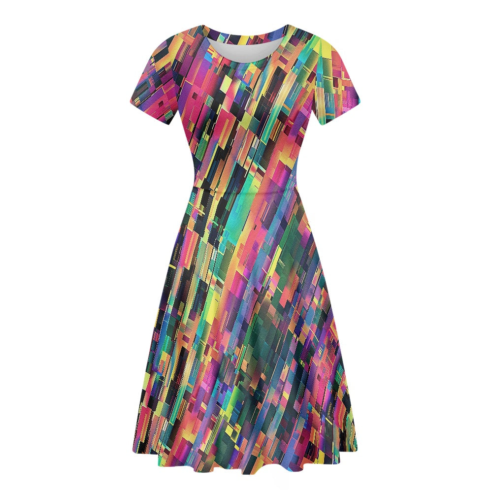 Rainbow Glitch Women Scoop Neck Short Sleeve Ruffle Dress