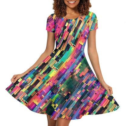 Rainbow Glitch Women Scoop Neck Short Sleeve Ruffle Dress