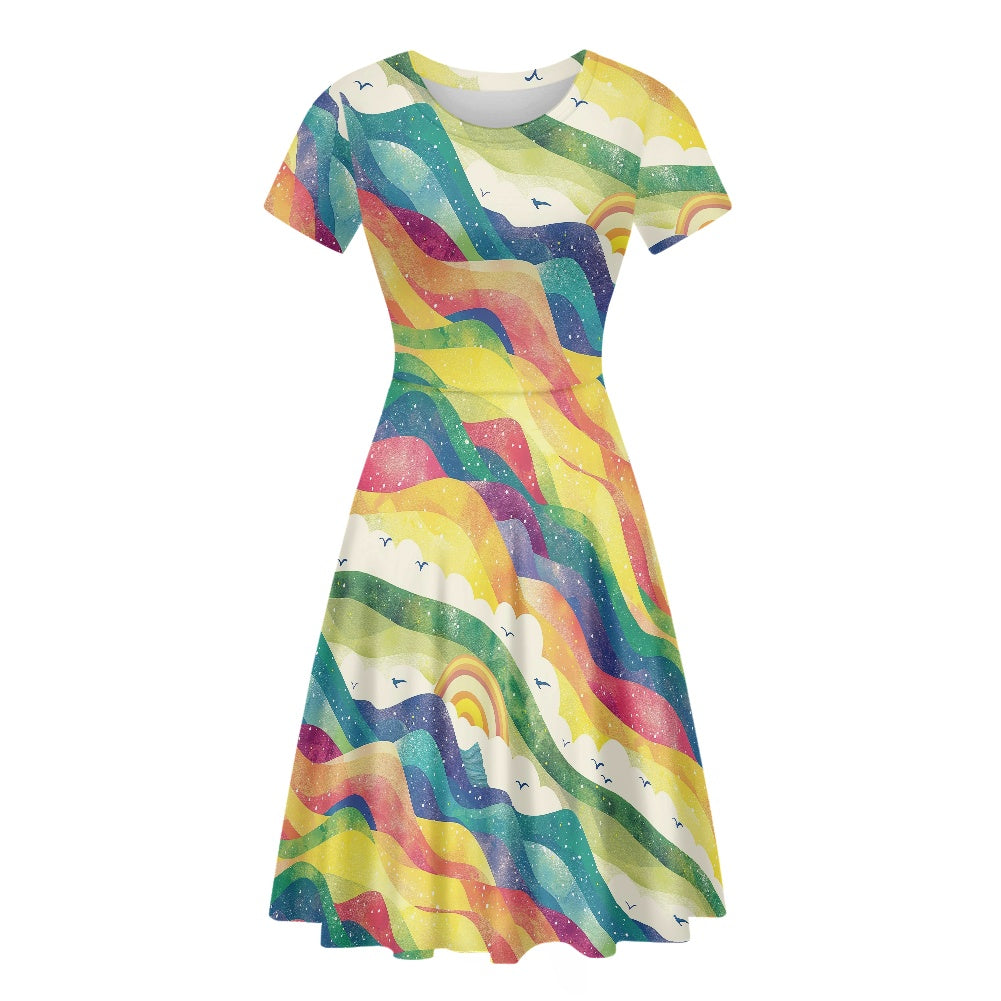 Women Scoop Neck Short Sleeve Ruffle Dress white