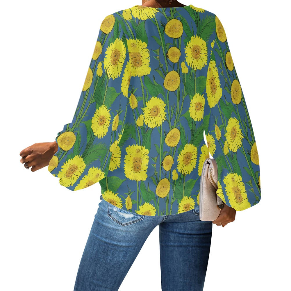 V-Neck Puff Sleeve Chiffon Blouse