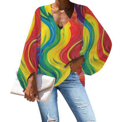 Vibrant Rainbow Wave V-Neck Chiffon Puff Sleeve Blouse by Luxtrini