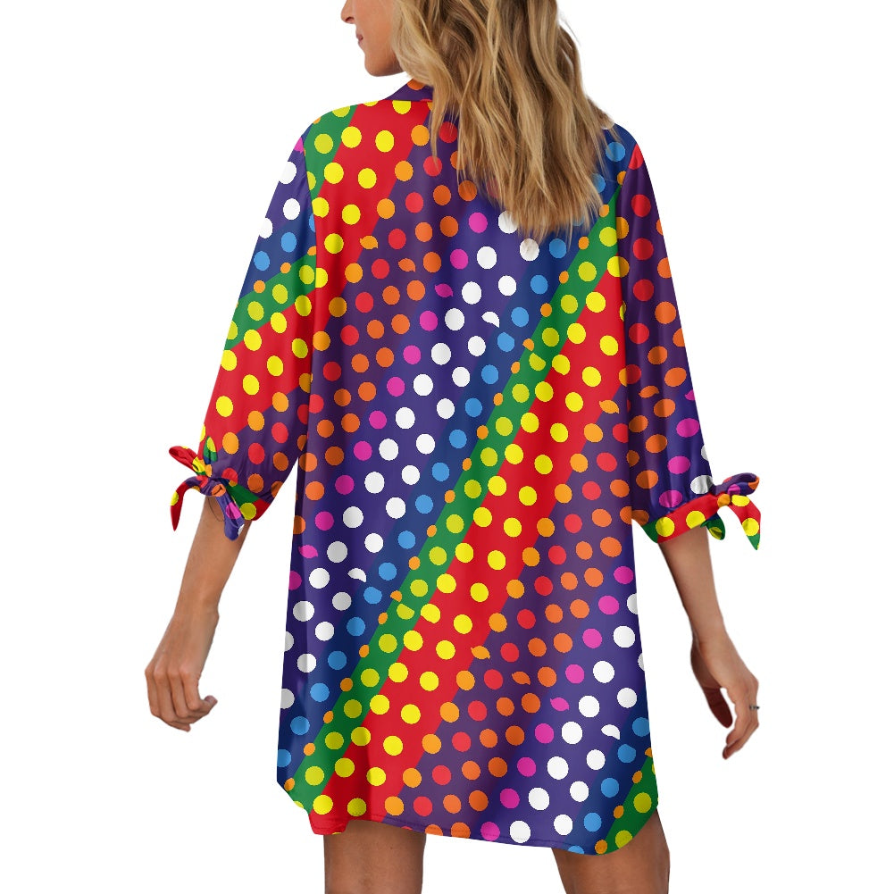 Rainbow Polka Dot Button-Up Tunic Women's three quarter sleeve cardigan shirt