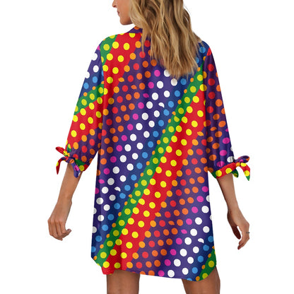 Rainbow Polka Dot Button-Up Tunic Women's three quarter sleeve cardigan shirt