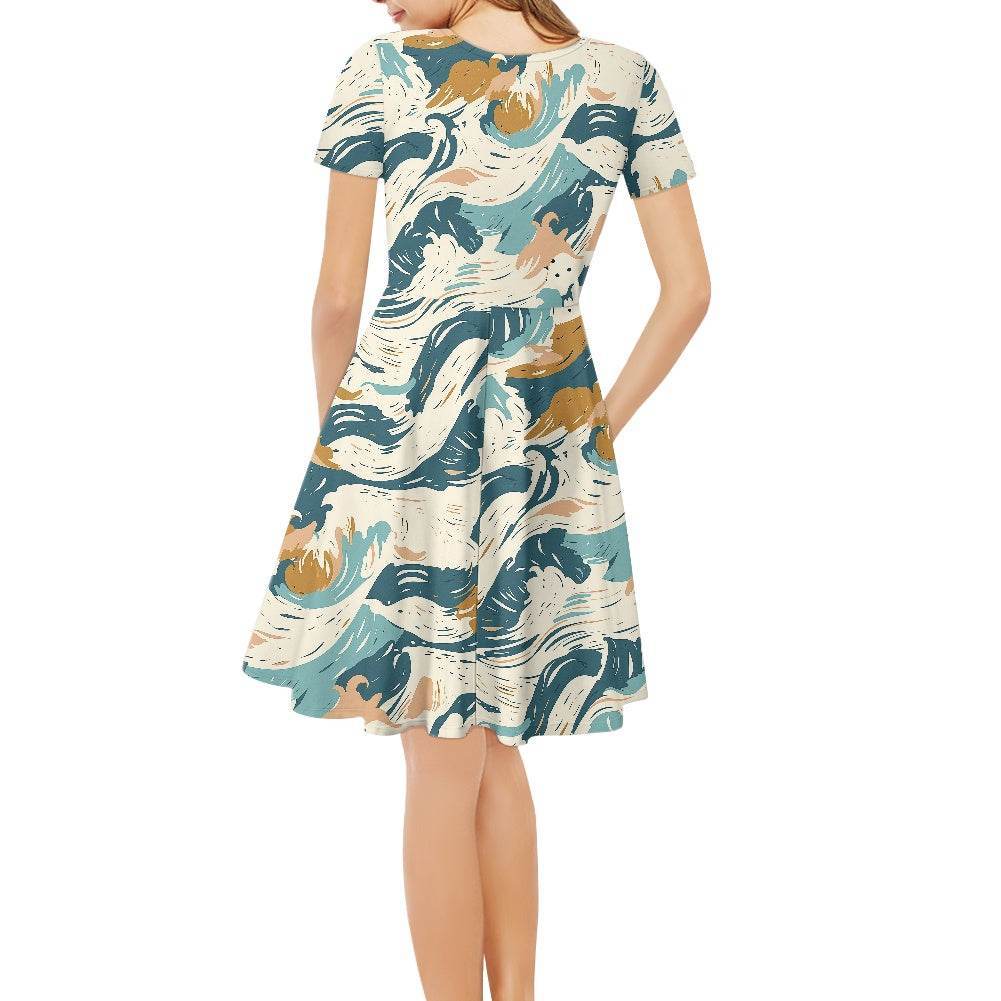 Abstract Waves Women V-Neck Short Sleeve Ruffle Dress