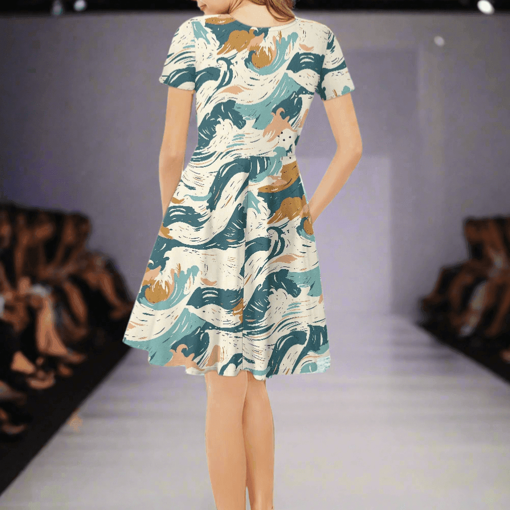 Abstract Waves Women V-Neck Short Sleeve Ruffle Dress