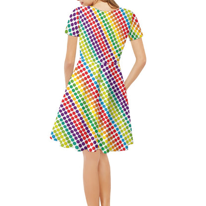 Rainbow Polka Dots Women V-Neck Short Sleeve Ruffle Dress