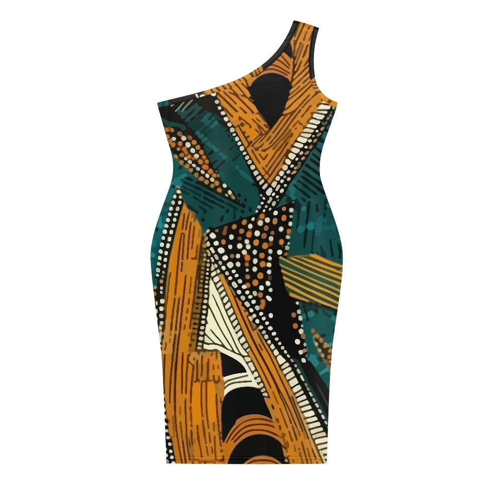 Discover Elegance: Luxtrini's One-Shoulder Slim Dress - Ethnic Green & Orange