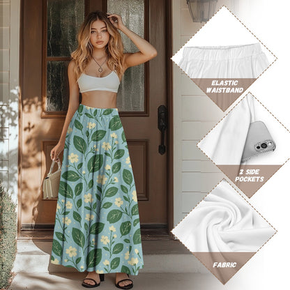 Vintage Garden Bloom Skirt – Handmade Boho Maxi Skirt with Pockets | Eco-Friendly Blue & Green Flora