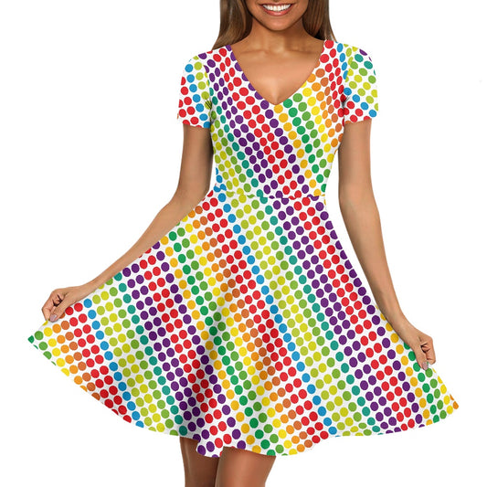 Rainbow Polka Dots Women V-Neck Short Sleeve Ruffle Dress