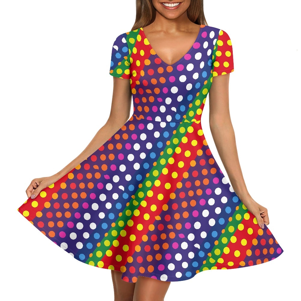 LGBTQ-Friendly Rainbow Polka Dot V-Neck Women Short Sleeve Ruffle Dress by Luxtrini