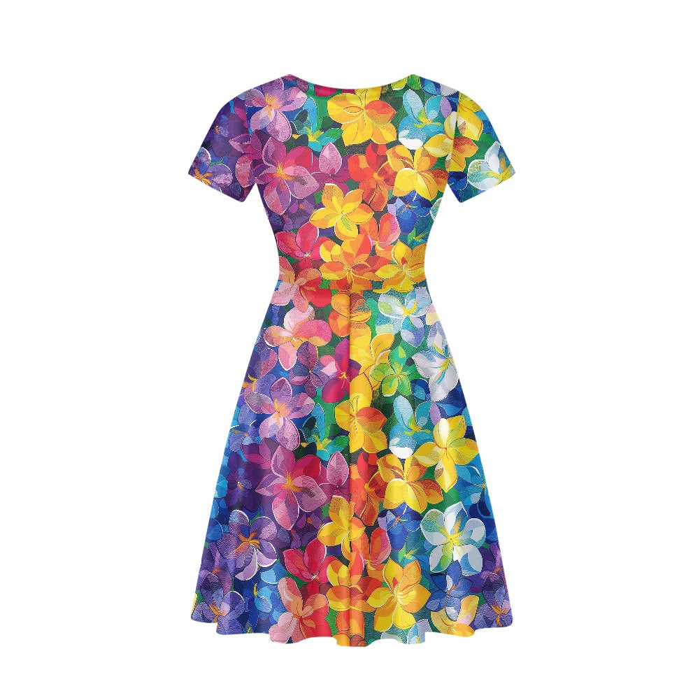 Rainbow Flowers Women V-Neck Short Sleeve Ruffle Dress
