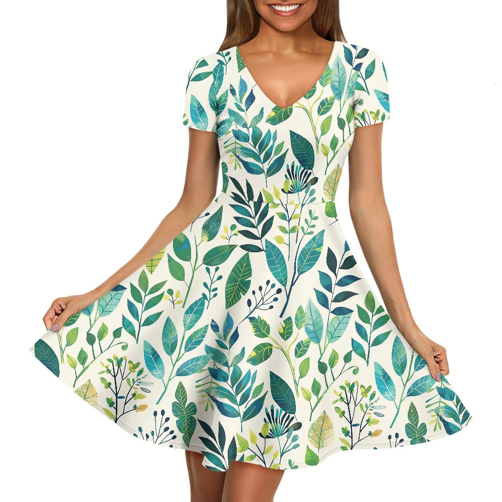 Women V-Neck Short Sleeve Ruffle Dress
