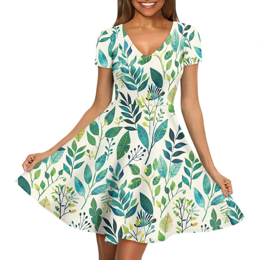 Women V-Neck Short Sleeve Ruffle Dress