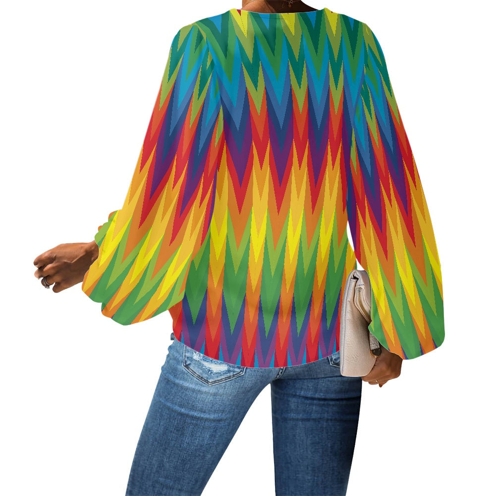 LGBTQ Rainbow Chevrons V-Neck Chiffon Puff Sleeve Blouse by Luxtrini