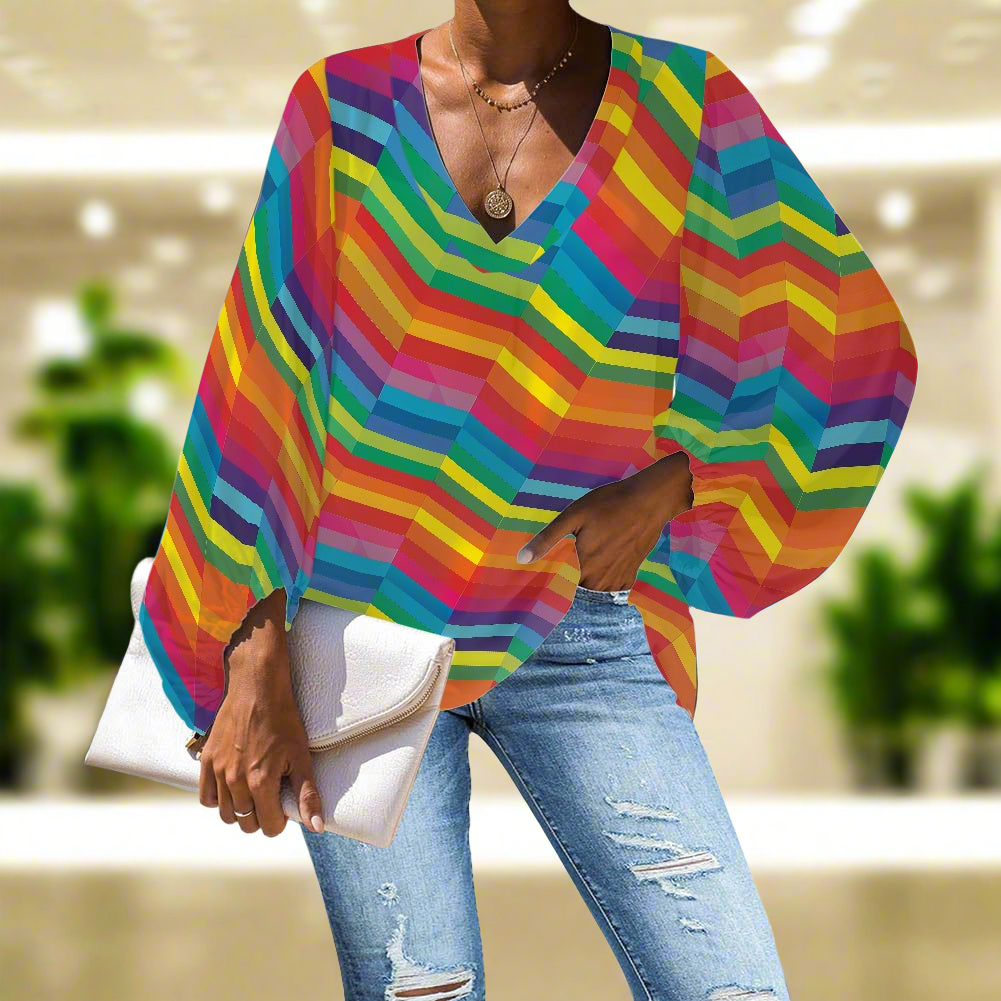 Rainbow Zigzag Stripes V-Neck Chiffon Puff Sleeve Blouse by Luxtrini