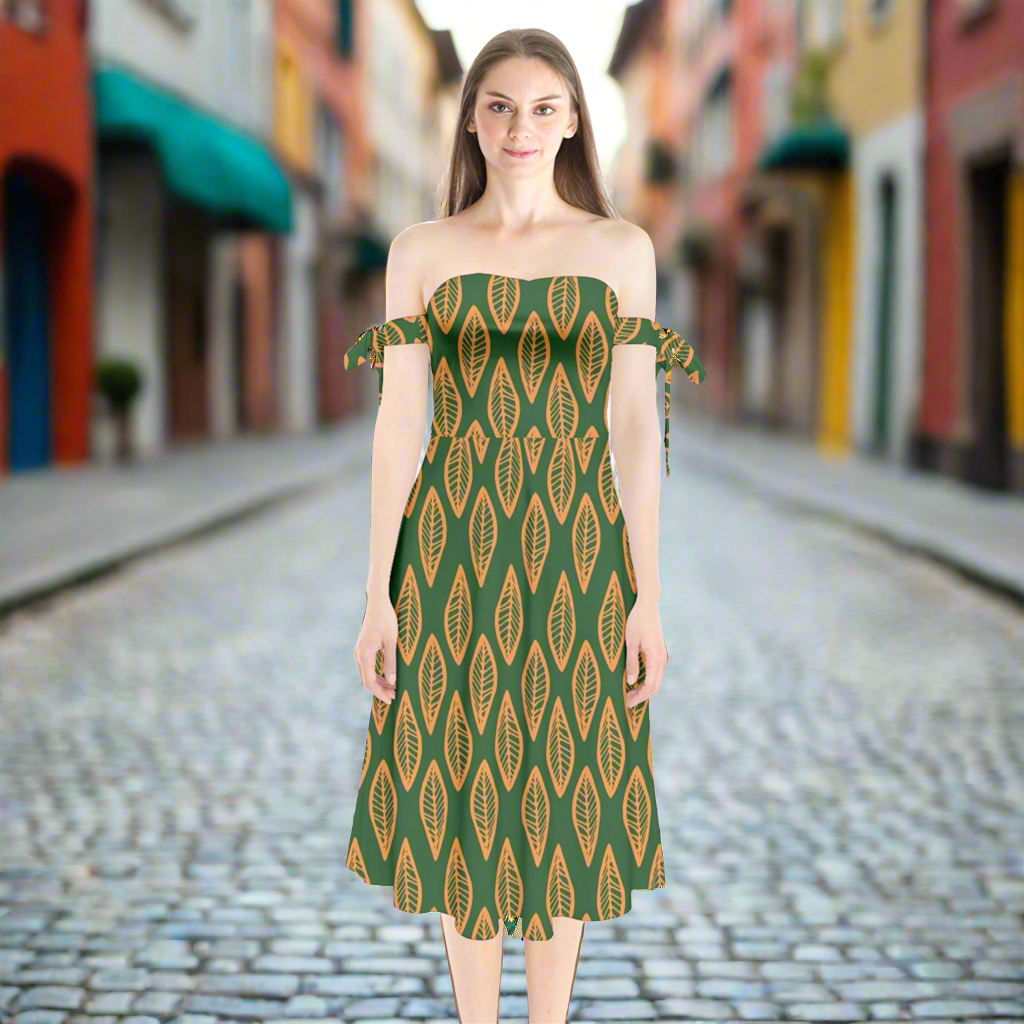 African Ethnic Orange Green Shoulder Tie Bardot Midi Dress