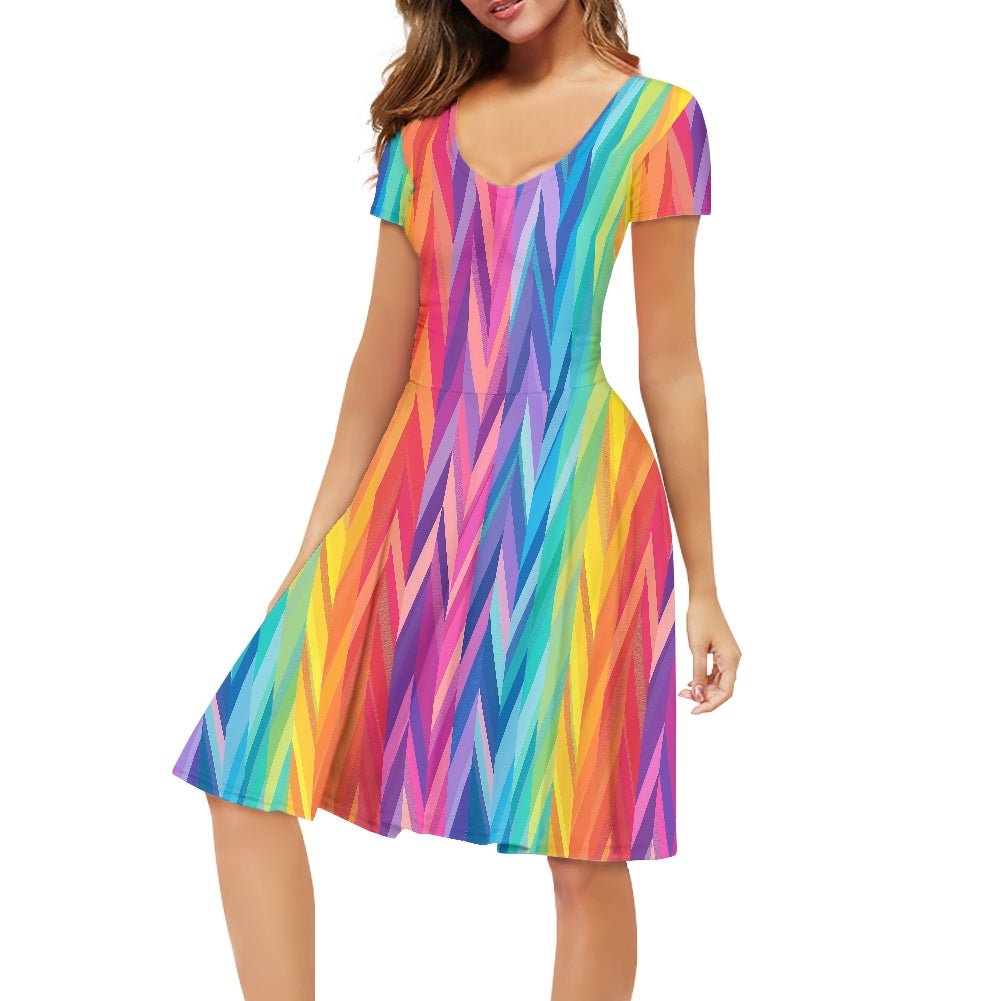 Rainbow Chevrons Women V-Neck Short Sleeve Ruffle Dress