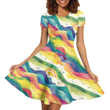 Women Scoop Neck Short Sleeve Ruffle Dress