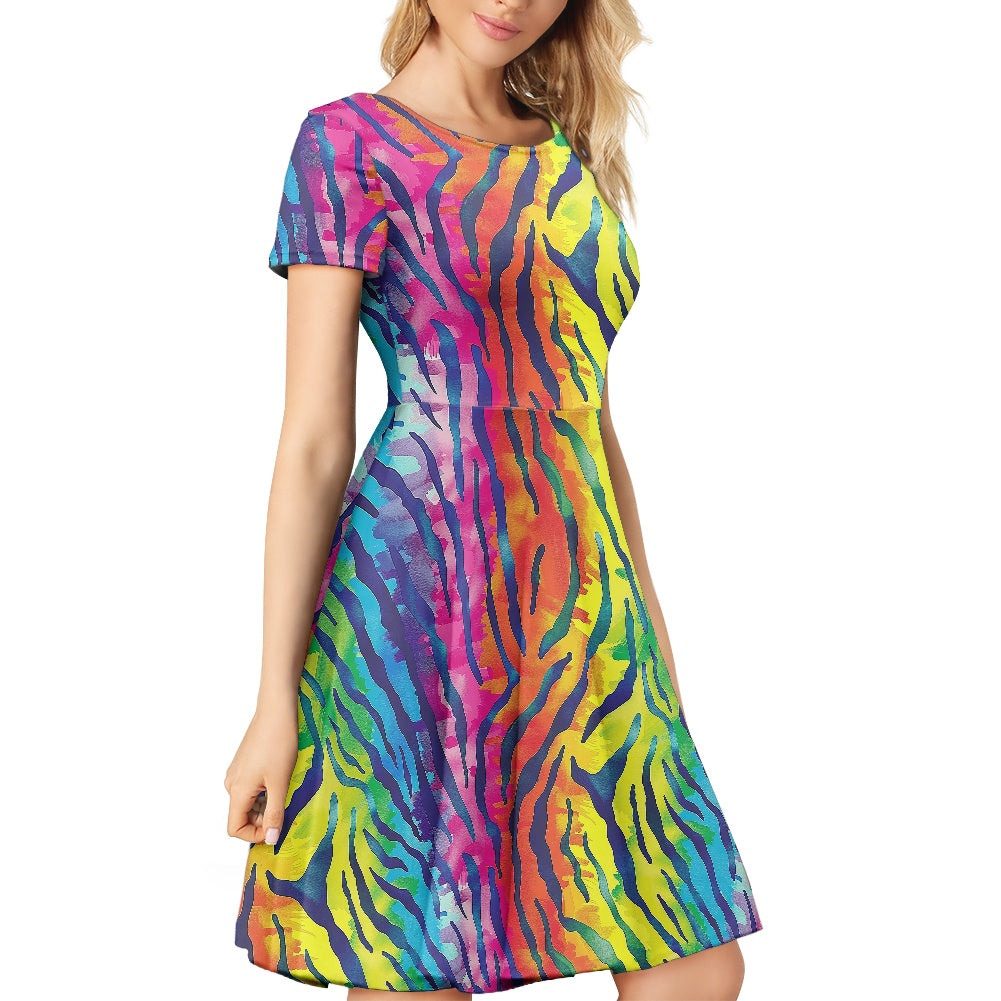 Rainbow Animal Print Women Scoop Neck Short Sleeve Ruffle Dress