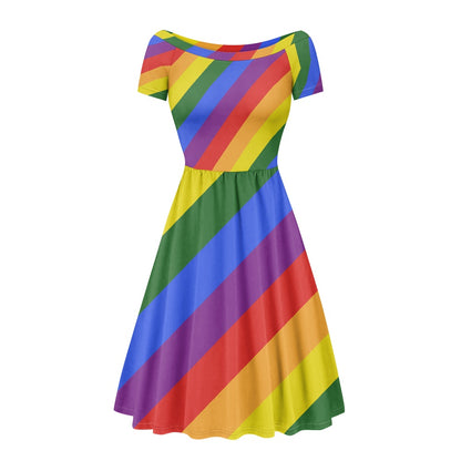 Rainbow Off shoulder short sleeved dress white