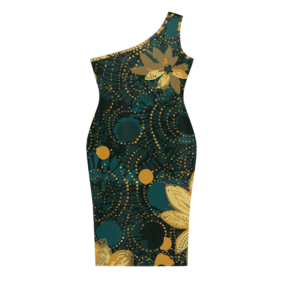 Discover Elegance: Luxtrini's One-Shoulder Slim Dress - Green & Gold