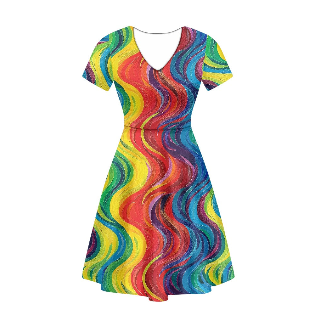Rainbow Women V-Neck Short Sleeve Ruffle Dress white
