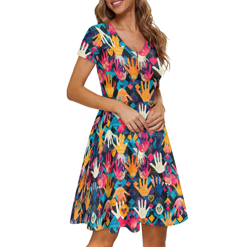 Women V-Neck Short Sleeve Ruffle Dress