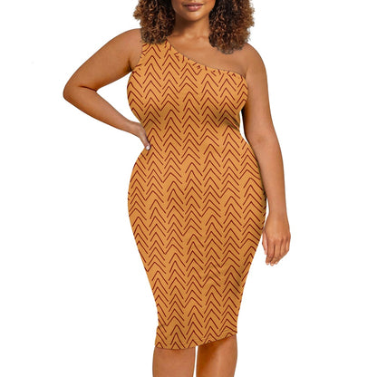 Discover Elegance: Luxtrini's One-Shoulder Slim Dress - Orange Mudcloth - African