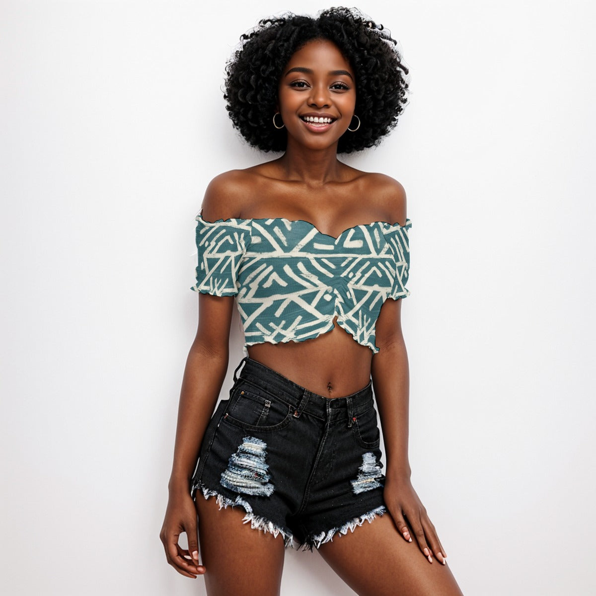 Tribal All-Over Print Women's One-shoulder Off-the-navel Short Sleeve T-shirt White