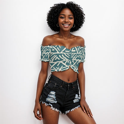 Tribal All-Over Print Women's One-shoulder Off-the-navel Short Sleeve T-shirt White