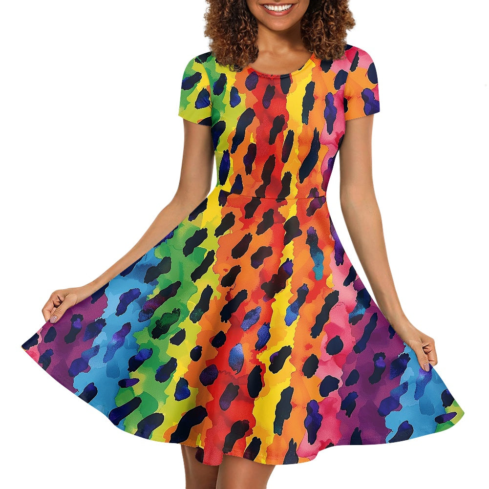 Women Scoop Neck Short Sleeve Ruffle Dress