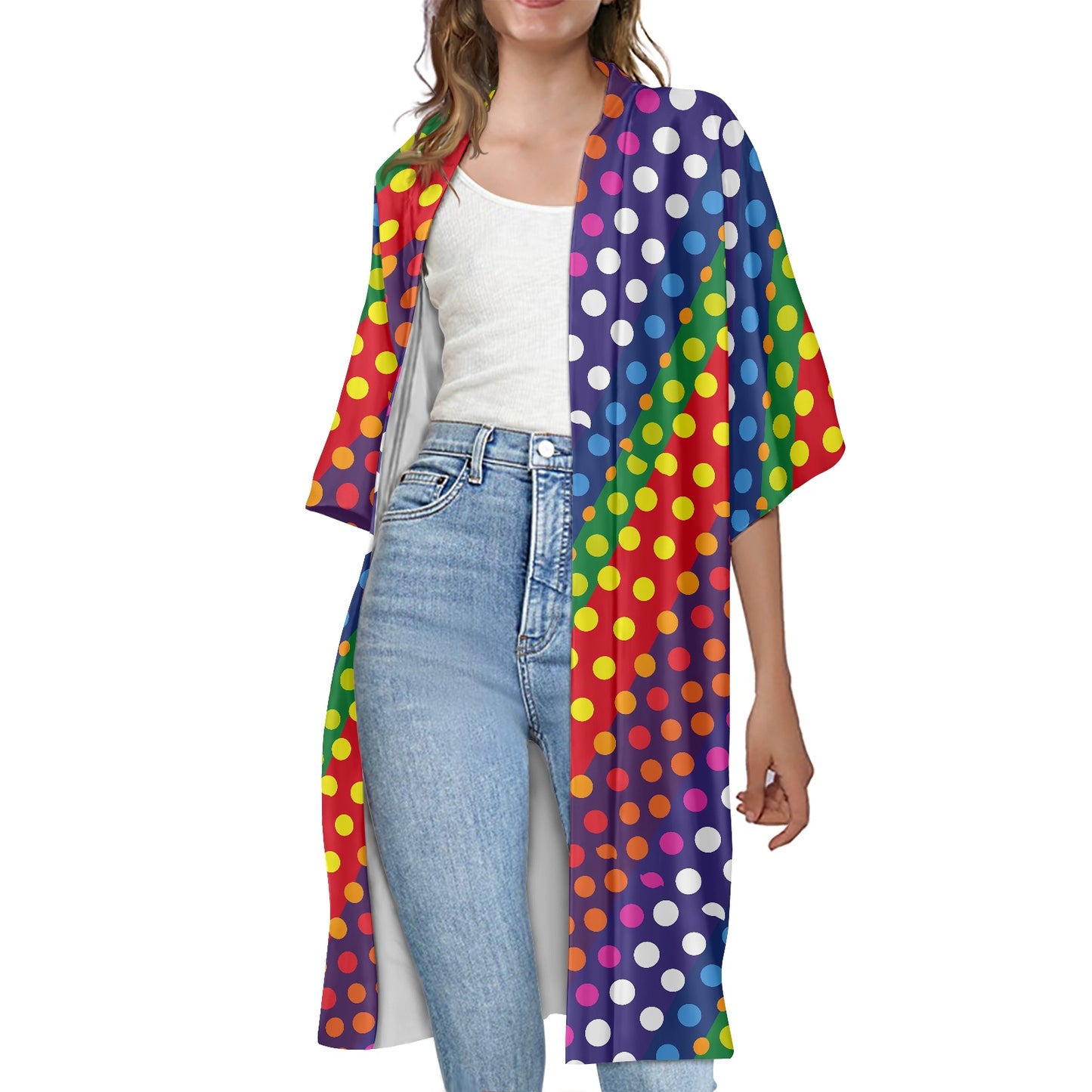 LGBTQ-Friendly Rainbow Polka Dot Versatile Three-Quarter Sleeve Kimono Cover-Up for Beach or Casual Wear by Luxtrini