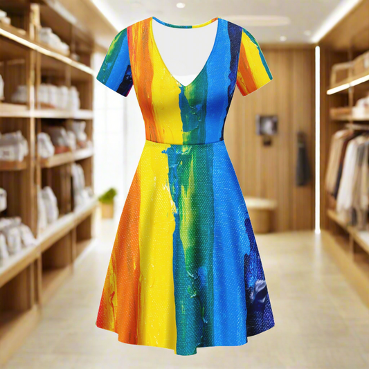 Rainbow Painting V-Neck Women Ruffle Bottom Dress