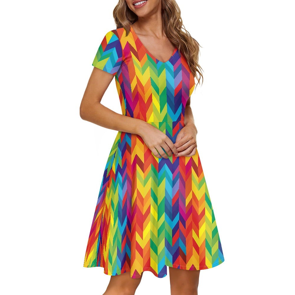 Rainbow Chevron Women V-Neck Short Sleeve Ruffle Dress