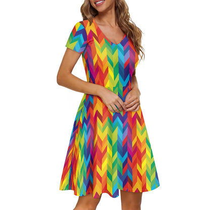 Rainbow Chevron Women V-Neck Short Sleeve Ruffle Dress