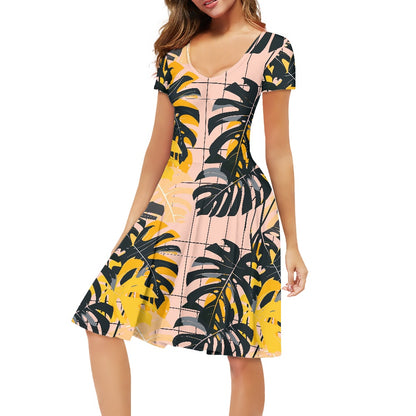Tropical Monstera Women V-Neck Short Sleeve Ruffle Dress