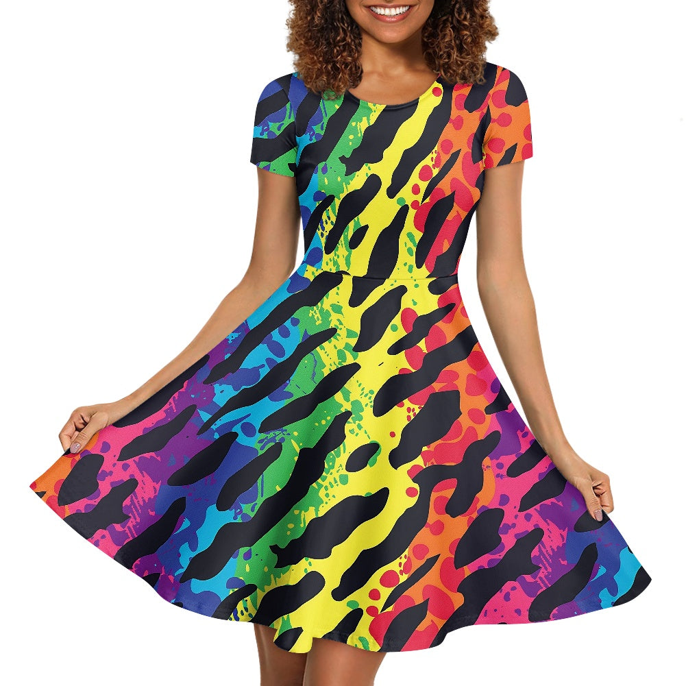 Women Scoop Neck Short Sleeve Ruffle Dress