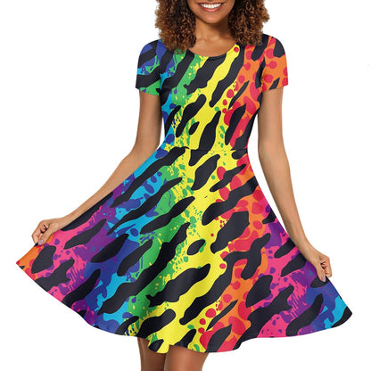 Women Scoop Neck Short Sleeve Ruffle Dress