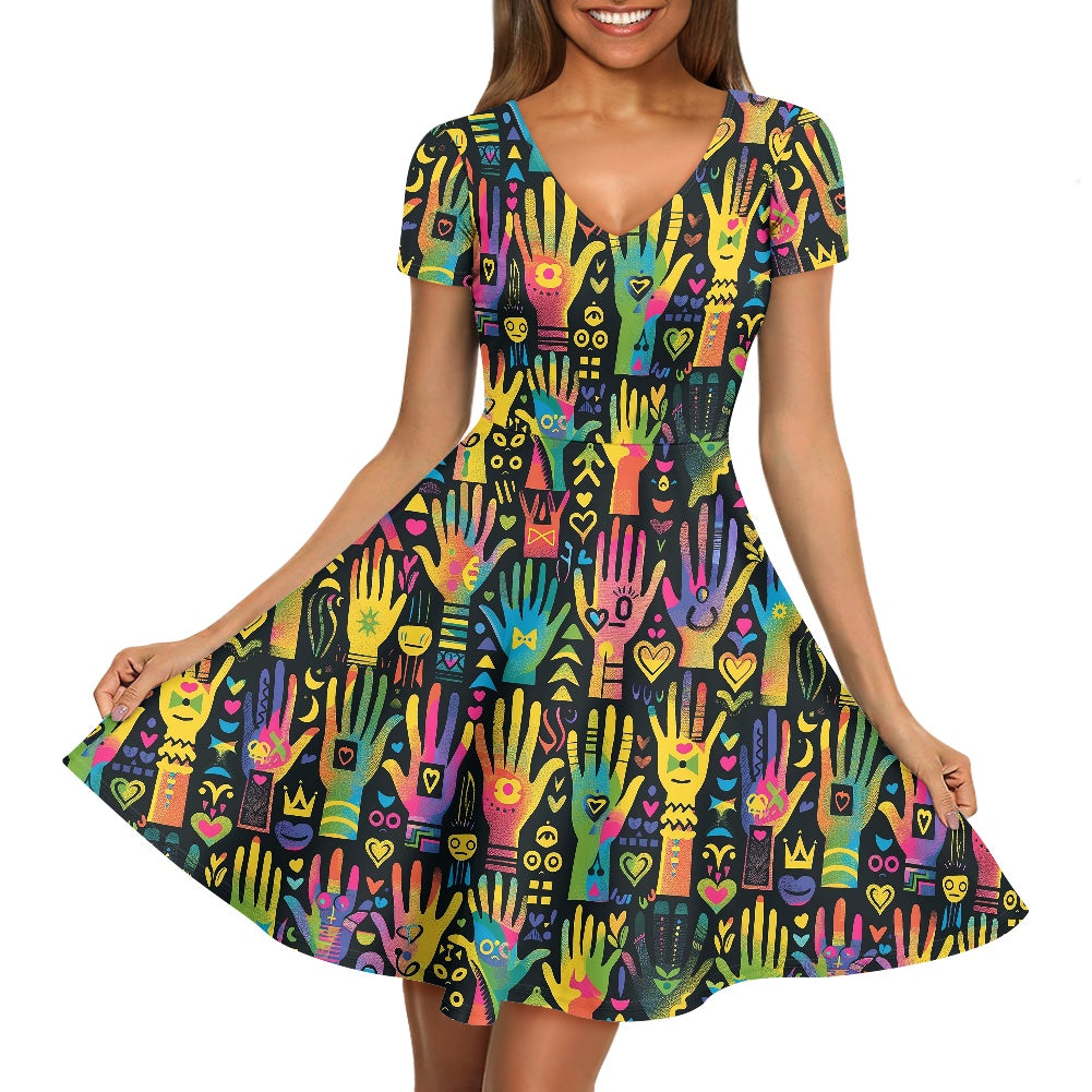 Women V-Neck Short Sleeve Ruffle Dress