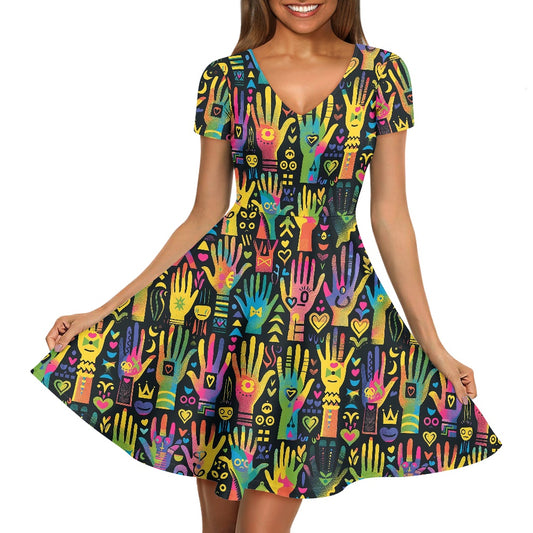 Women V-Neck Short Sleeve Ruffle Dress