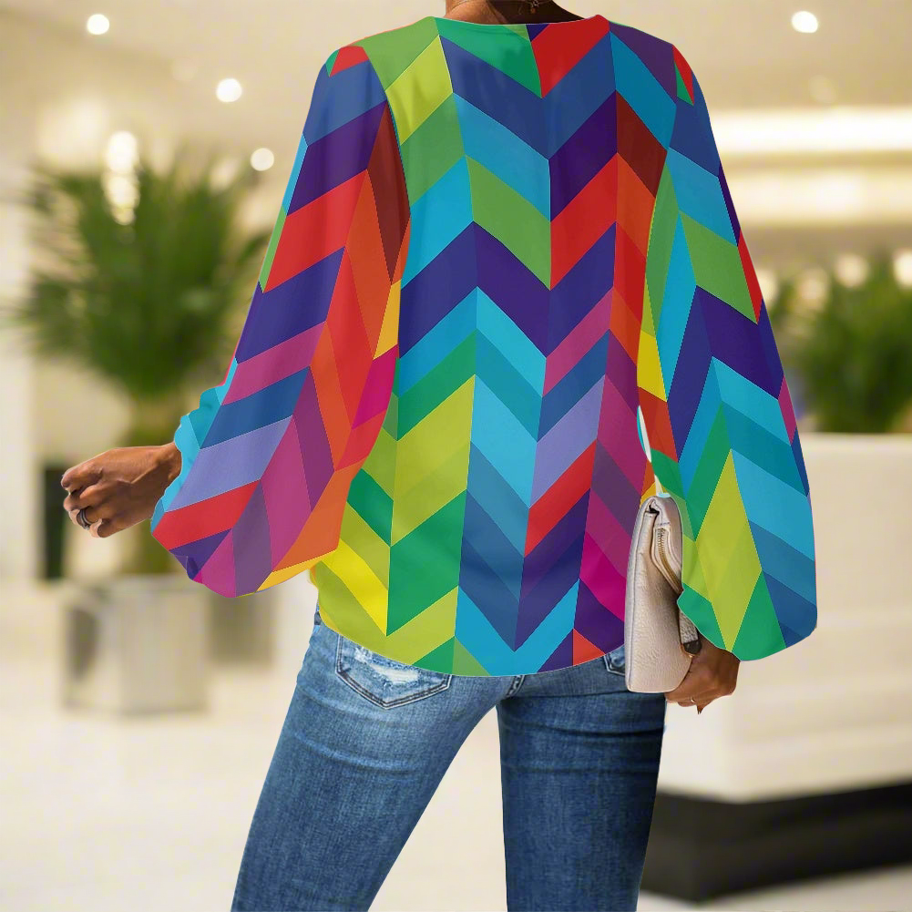 Rainbow Chevrons V-Neck Chiffon Puff Sleeve Blouse by Luxtrini