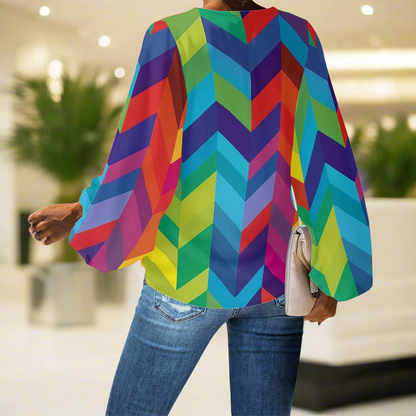 Rainbow Chevrons V-Neck Chiffon Puff Sleeve Blouse by Luxtrini