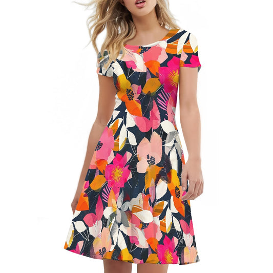 Women Scoop Neck Short Sleeve Ruffle Dress