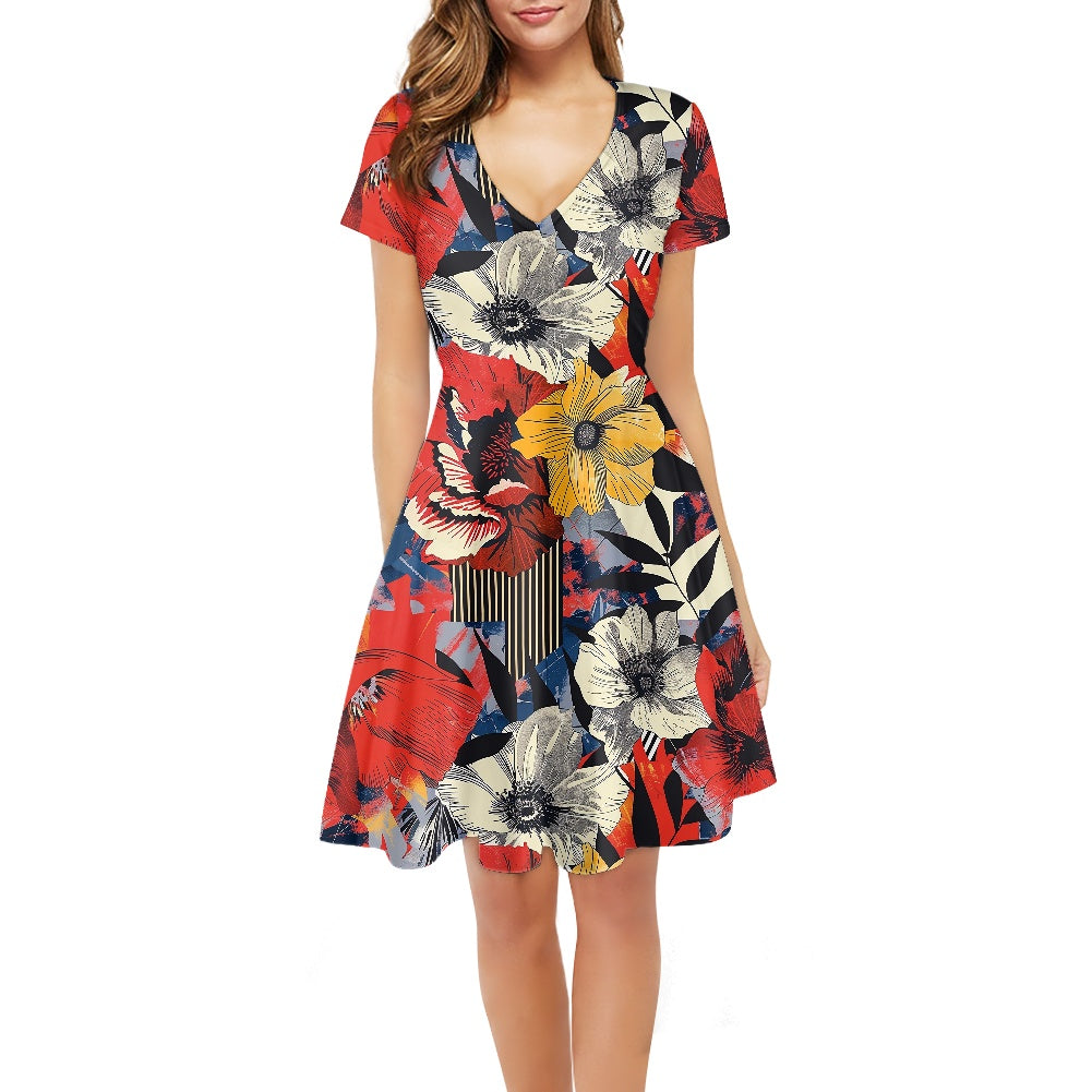Bloom & Lines: Chic Women’s V-Neck Short Sleeve Ruffle Dress with Floral and Geometric Design